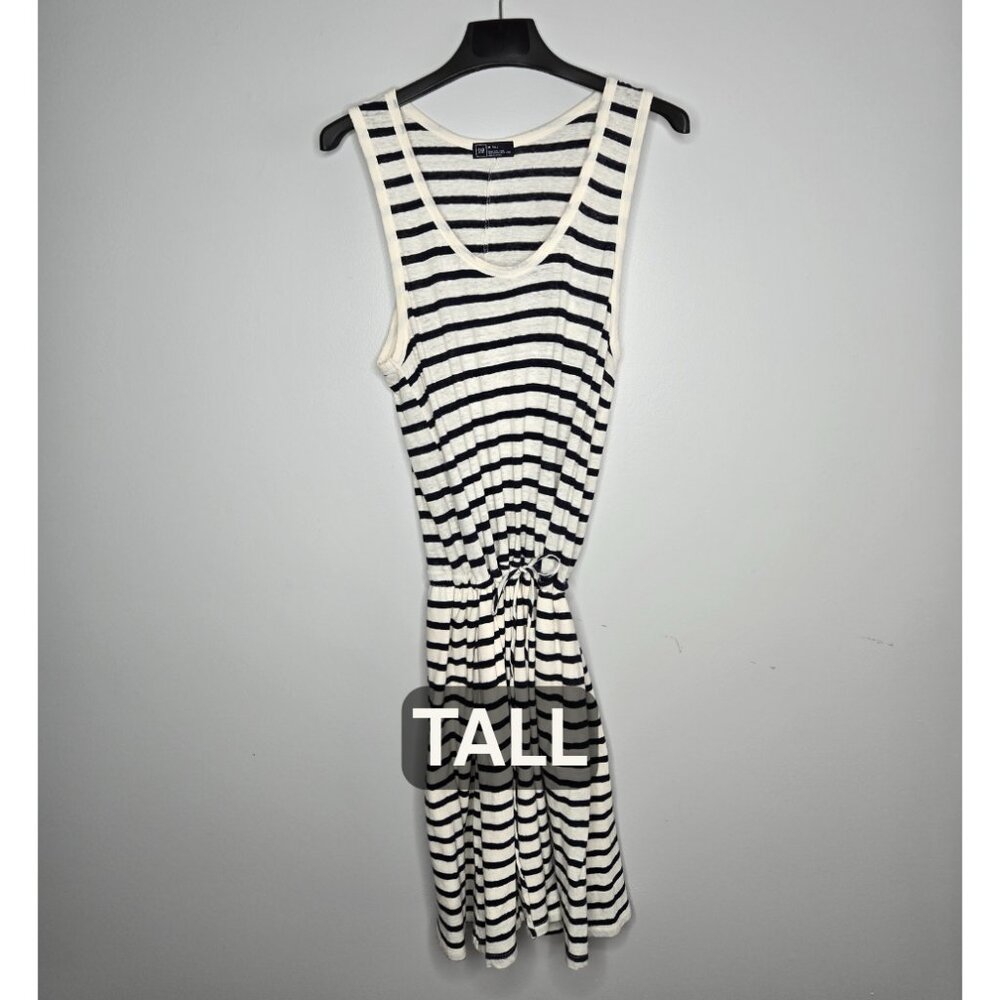 Gap Tall Navy & White Striped Linen-Blend Midi Dress M – Lined Skirt, Pockets